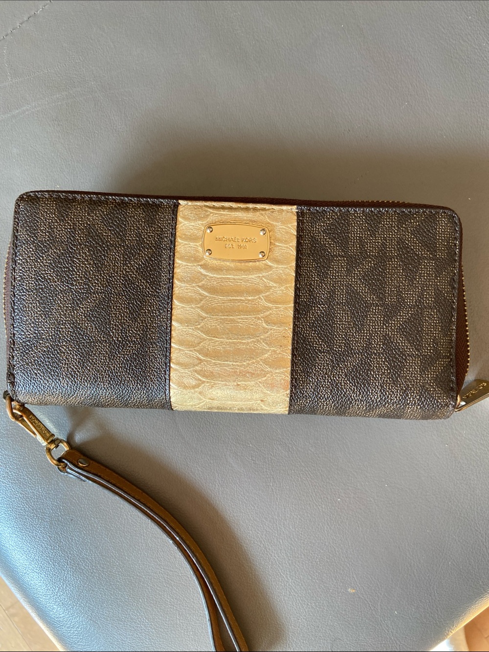 Michael Kors Brown & Gold Wristlet Wallet with Center Panel